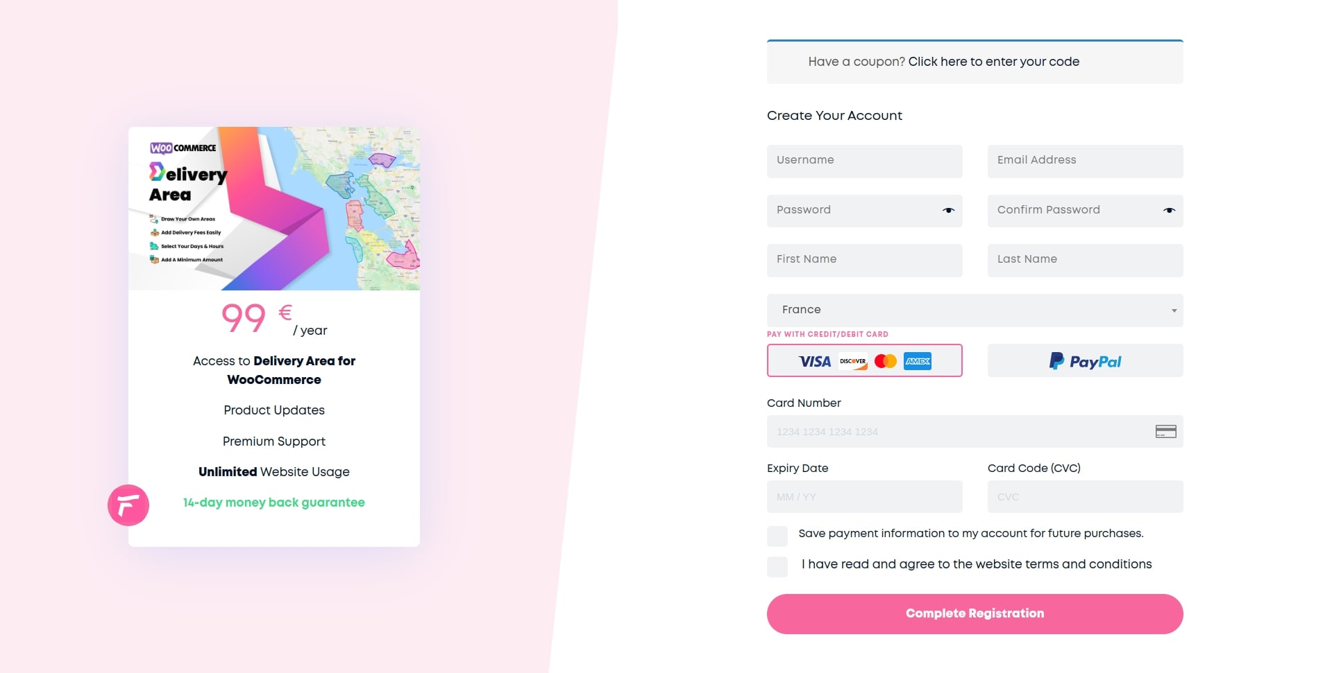Checkout du plugin intitulé Woodelivery area for woocommerce